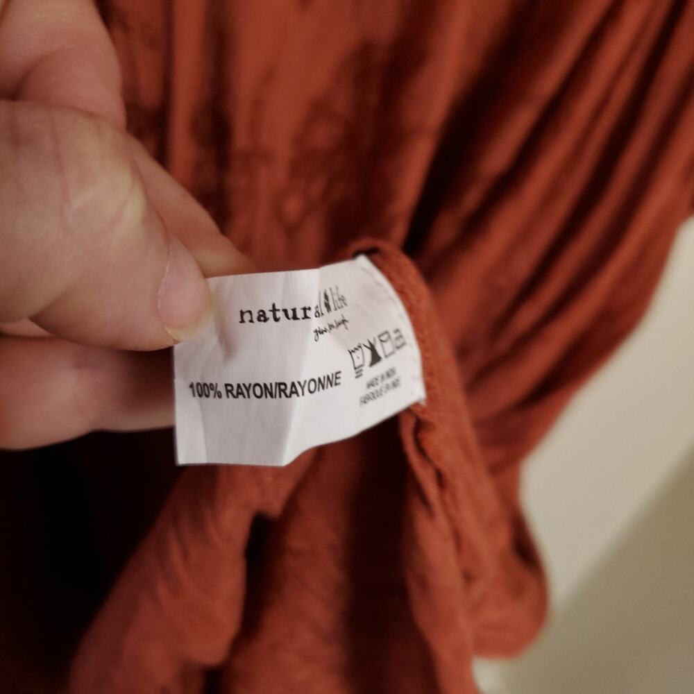 NATURAL LIFE Rust Embossed Babydoll Bubble Sleeves Boho Bohemian Mini Dress XL - Picture 8 of 10